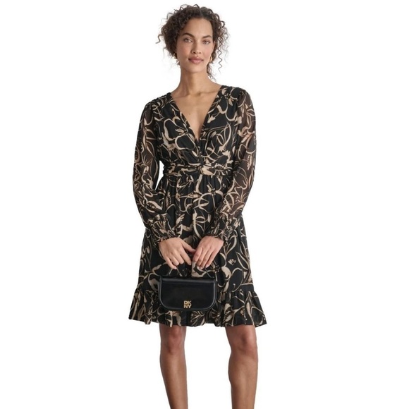 Dkny Dresses & Skirts - DKNY Black, Tan and Cream Floral Long Sleeve Chiffon Dress, Size 8, NWT